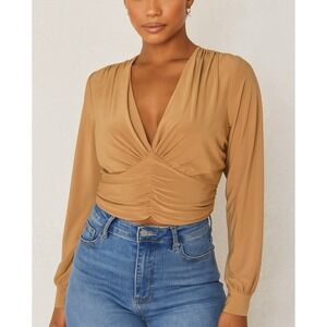 Chic‎ Long Sleeve Ruched Blouse Crop Top size L Casual